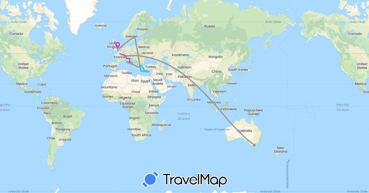 TravelMap itinerary: driving, plane, train, boat in Australia, Switzerland, Cyprus, France, United Kingdom, Greece, Italy, Sweden, Singapore, Turkey (Asia, Europe, Oceania)